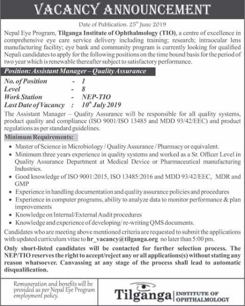  Job Vacancy At Tilganga Institute Of Ophthalmology; Position: Assistant Manager