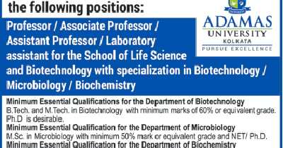 ADAMAS University Kolkata Faculty Jobs 2019 June In Life Sciences/Biotech