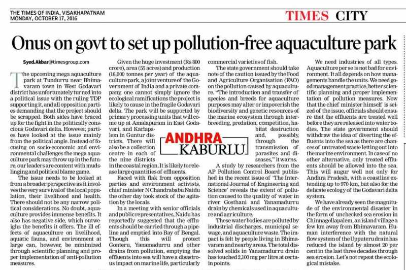 Andhra Kaburlu: Aqua Pollution In India: Need To Frame Strong Guidelines To Check Aquaculture Pollution