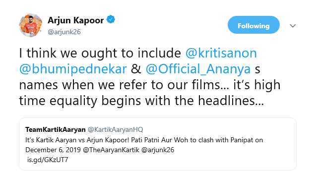 Arjun Kapoor Slams Karthik Aryan Fan Club For Gender Insensitive Tweet - Xennial