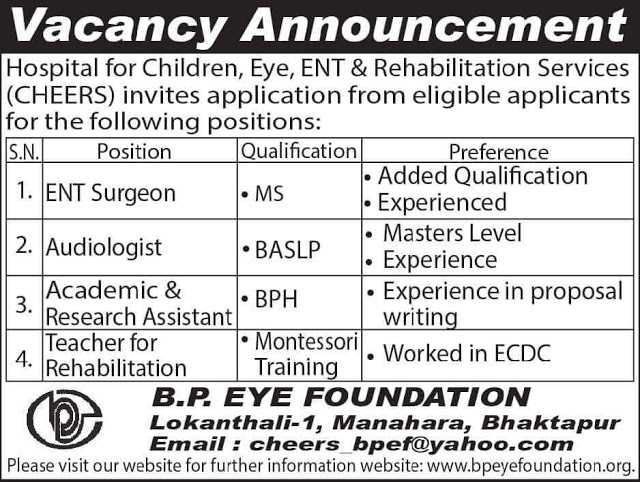 B.P. Eye Foundation Vacancy For Various Positions