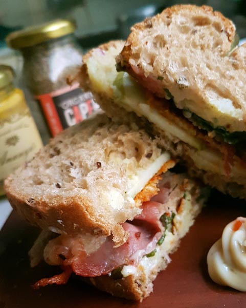 Bacon, Fried Cheese And Mashed Potato Sandwich