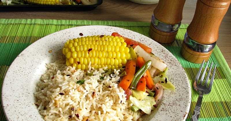 Burnt Garlic Butter Rice And Roasted Vegetables With Boiled Corn On The Cob 