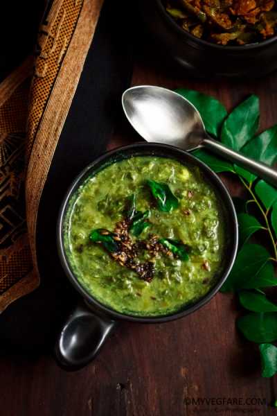 Chakotha Soppu (Mountain Spinach Yogurt Gravy) Majjigehuli / Morkuzhambu - My Veg Fare