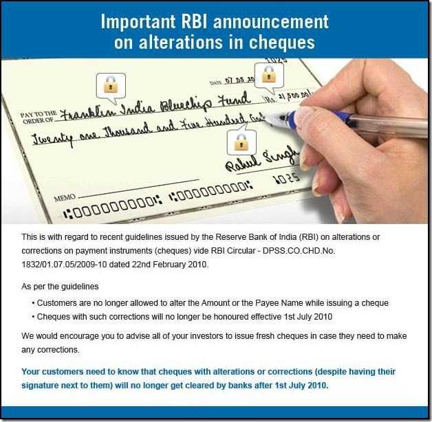 Cheques With Alteration/corrections Will Not Be Honoured From 1st July 2010