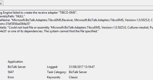 Could Not Load File Or Assembly Microsoft.BizTalk.Adapters.TibcoEMS