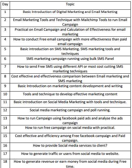 Digital Marketing Intern Course Training Plan, Syllabus And Contents