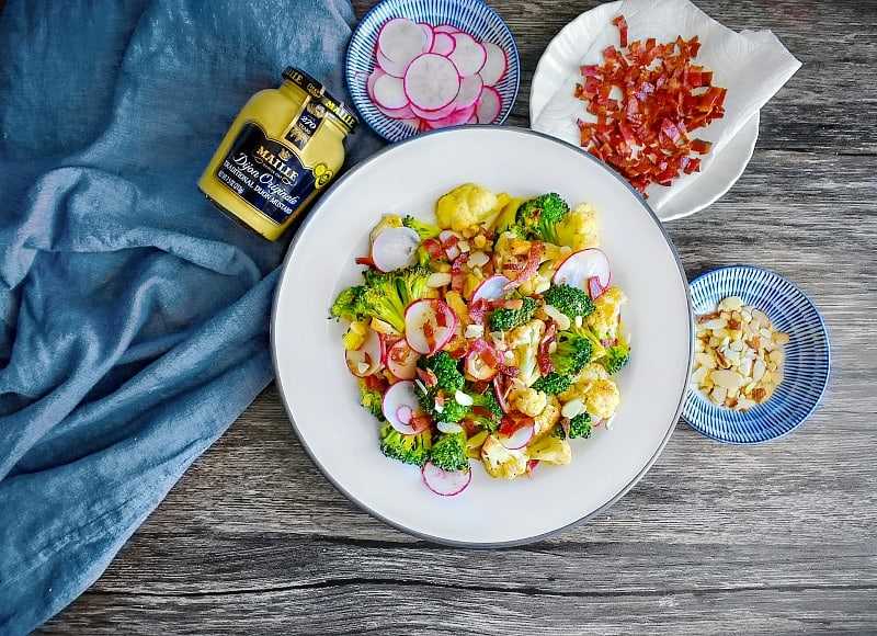 Dijon Roasted Broccoli, Cauliflower & Bacon