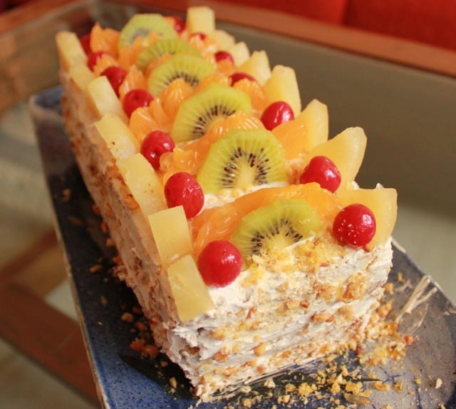 Eggless Fresh Fruit Nougat Cake And Its Our 100th Post!!!!