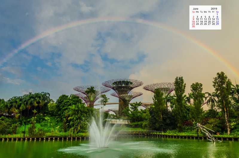 Free Download June 2019 Wallpaper Calendar - A Rainbow Over Supertree Grove Singapore