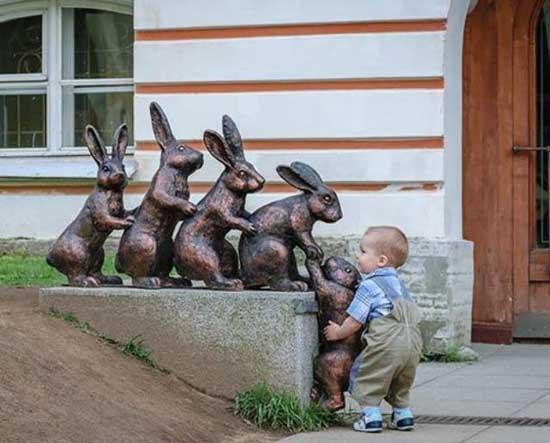 Funny Cute Boy - Rabbit Statue - Funny Images - Photos