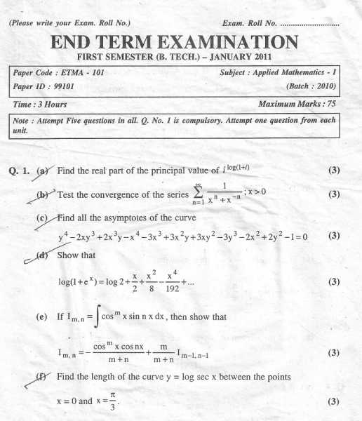 GGSIPU Previous Year B.tech 1st Semester End Term Paper Applied Mathematics - I 2011