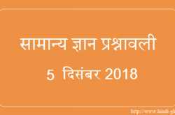 GK in Hindi & Current Affairs Quiz SSC December 5, 2018 - Hindi GK