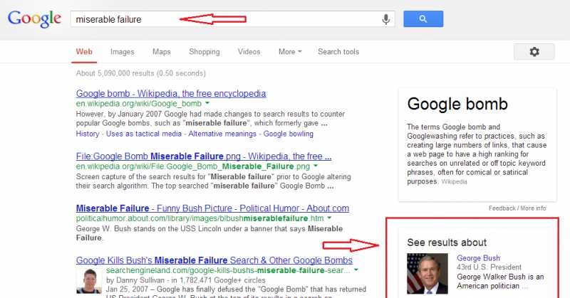 Google Bomb: Miserable Failure Back Again In Knowldge Graph Results