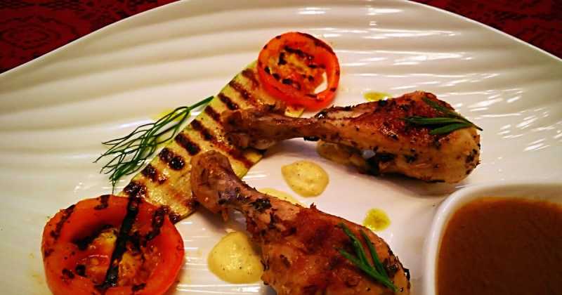Herb Grilled Chicken, Chargrilled Zucchini And Tomato, Corn And Cheese Puree, Fennel And Rosemary Oil, Chicken Jus