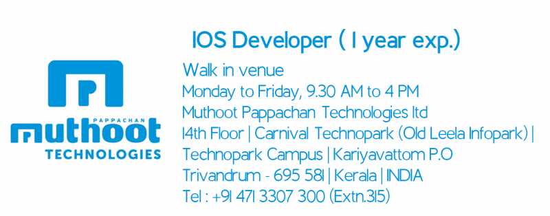 IOS Developer At MUTHOOT PAPPACHAN TECHNOLOGIES LTD. - MyJobHub