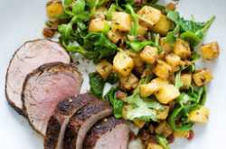 Jerked pork chops with potato salad