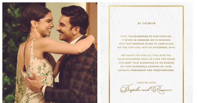 Just In: Deepika Padukone And Ranveer Singh Post Their Wedding Cards On Their Instagram! Check Out Below