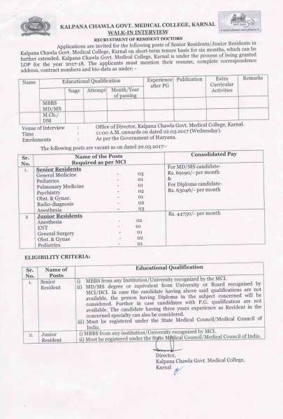 Kalpana Chawla Medical College Recruitment 2017