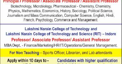Lakshmi Narain College Indore-Gwalior Faculty Jobs 2019 In Biotech/Microbiology