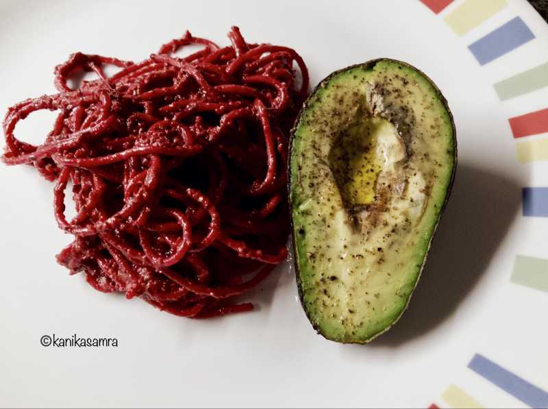 Linguine With Beetroot Pesto And Roasted Avocado