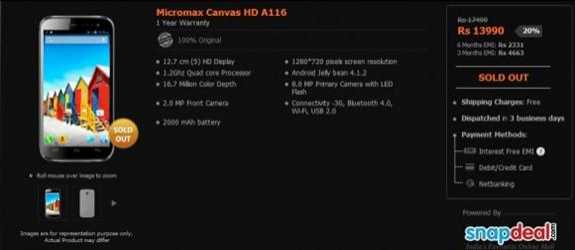 Micromax A116 Canvas HD Sold Out  Minutes After Going To Sale