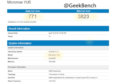 Micromax YU5 With Android Oreo 8.1, 2GB RAM, Snapdragon 625 Hits Geekbench: Features And Specifications