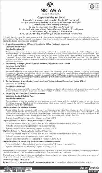 NIC ASIA Bank Job Vacancy For 400 Positions.