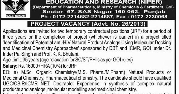 NIPER Mohali JRF VAcancy On Anti-HIV Natural Product Analogs