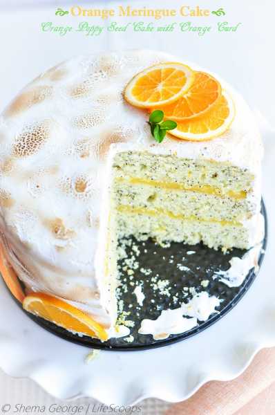 ORANGE MERINGUE CAKE - Orange Poppy Seed Cake With Orange Curd Filling And Toasted Meringue Frosting