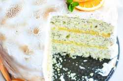 ORANGE MERINGUE CAKE - Orange Poppy Seed Cake with Orange Curd Filling and Toasted Meringue Frosting