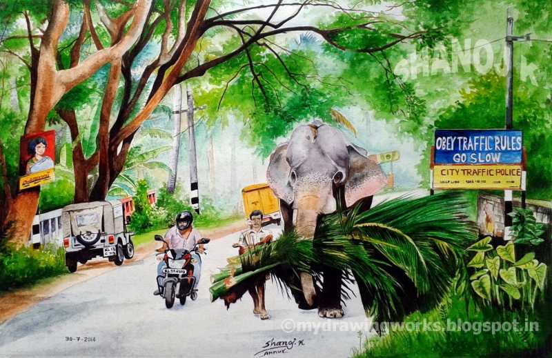Obey Traffic Rules..Go Slow - Water Colour Painting