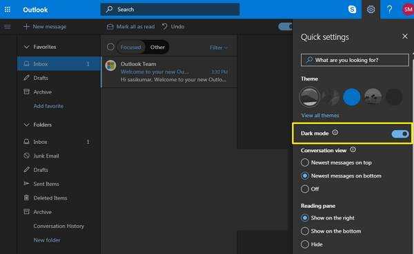 Outlook.com Gets Dark Mode, How To Enable (or) Disable