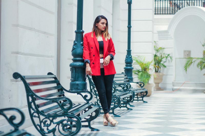 Pop Of Color: Red Blazer & Nude Fanny Pack