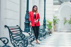 Pop of Color: Red Blazer & Nude Fanny Pack