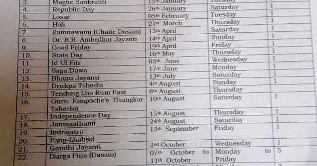 Public Holidays Calender Under Sikkim State Government For 2019
