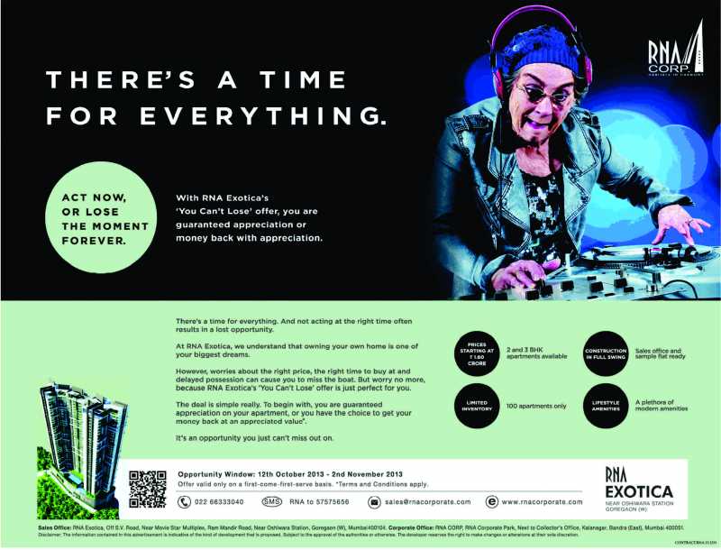 RNA Exotica You Cant Lose Offer - You Are Guaranteed Appreciation Or Money Back With Appreciation - 5th Oct 2013 Bombay Times