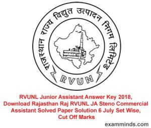 RVUNL Junior Assistant Answer Key 2018, Download Rajasthan Raj RVUNL JA Steno Commercial Assistant Solved Paper Solution 6 July Set Wise, Cut Off Marks