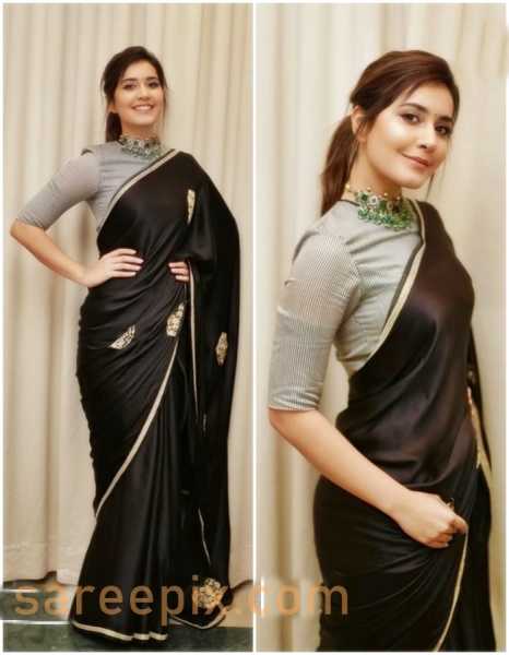Rashi Khanna In Back Saree And Full Neck Blouse
