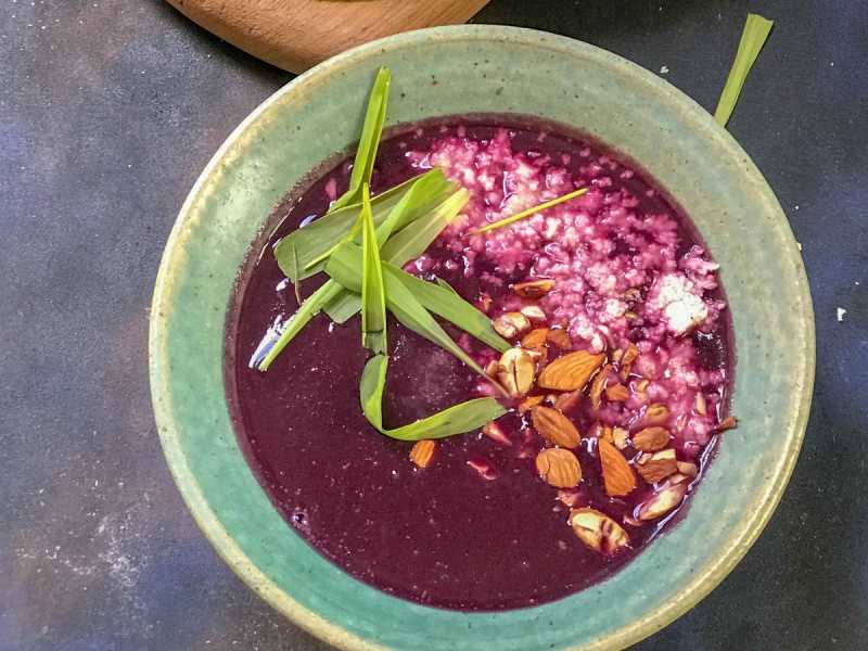 Roasted Black Carrot Soup With Feta & Almonds