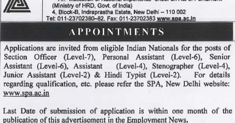 SPA Delhi Recruitment 2019 - Government Jobs For Assistant, Section Officers And Other Posts