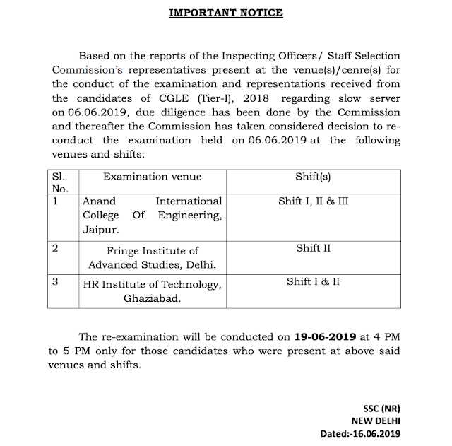 SSC CGL 2018 Re-Exam Will Be Held On 19.06.2019 Download Notice & Admit Card