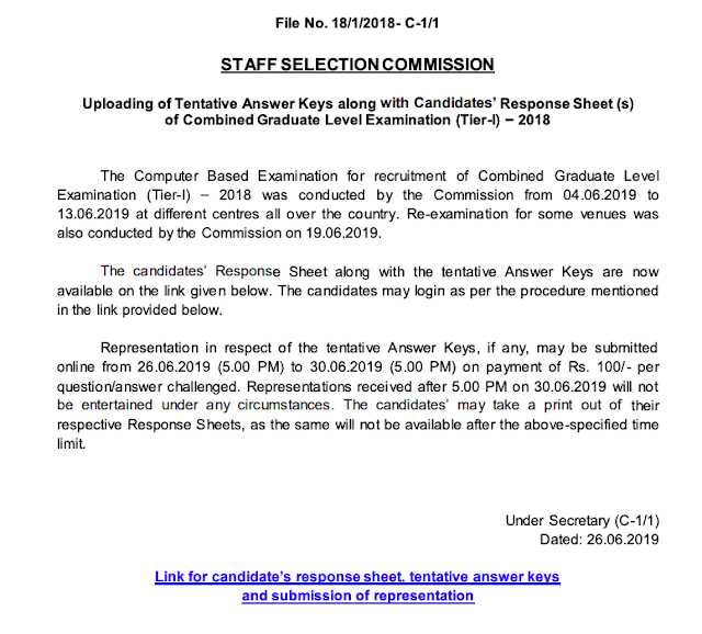 SSC CGL 2018 Tier -1 Answer Keys Released, Download Here