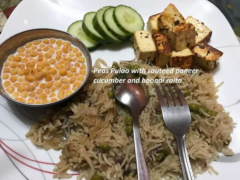 Sauteed Paneer, Peas Pulao And Boondi Raita - Balance Of Nutrition