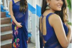Shalini Pandey backless in blue saree at \"Jwala\" opening