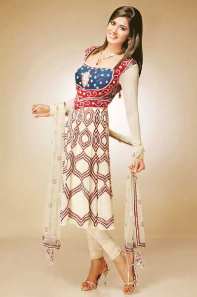 Sleek Designed White Anarkali Churidar With Blue And Red Design On Front