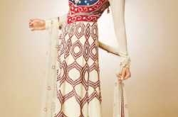 Sleek Designed White Anarkali Churidar with Blue and Red Design on Front