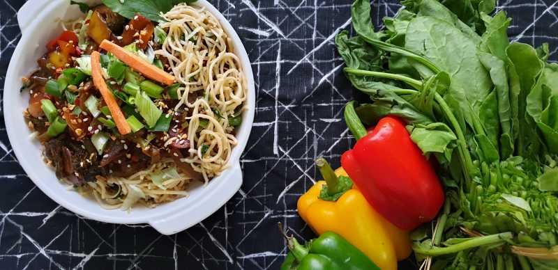 Stir Fried Noodles With Crunchy Vegetables In Black Bean Sauce