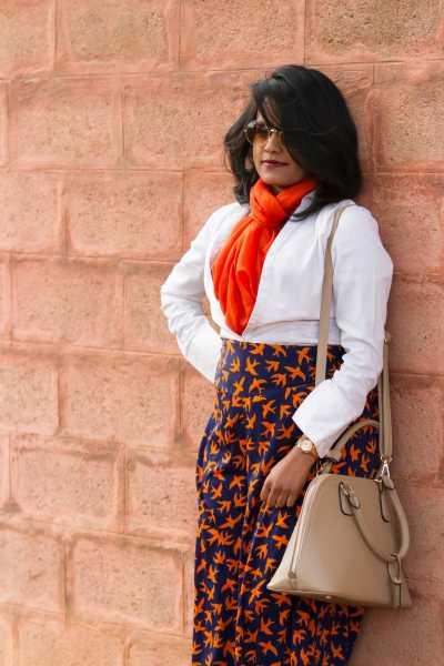 Tangerine Sunsets: White Shirt, Palazzo And Tangerine Scarf