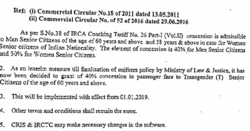 Transgender Senior Citizens Are Also Eligible For 40,% Railway Concession